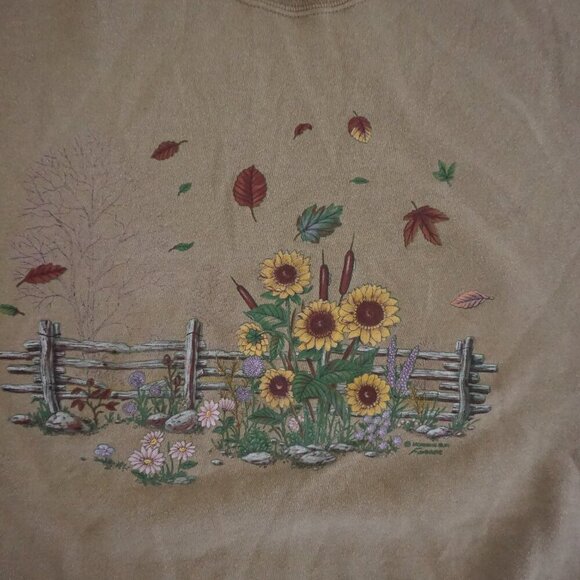 Vintage Morning Sun Tan Fall Graphic Sweatshirt Cabincore Sunflower Garden XL - Picture 4 of 11